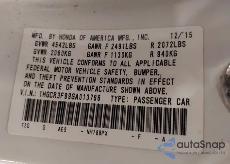 2016 Honda Accord Touring from USA, damaged, VIN 1HGCR3F99GA013796